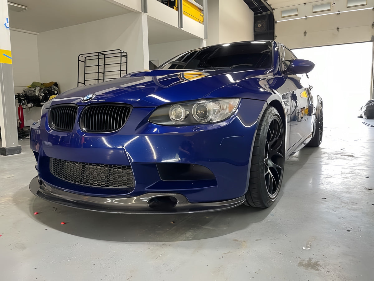 E92 M3 carbon fiber GT4 front splitter installed