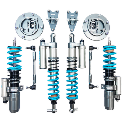 Nitron R3 dampers with external reservoirs, teal springs and mounting hardware; generic product illustration