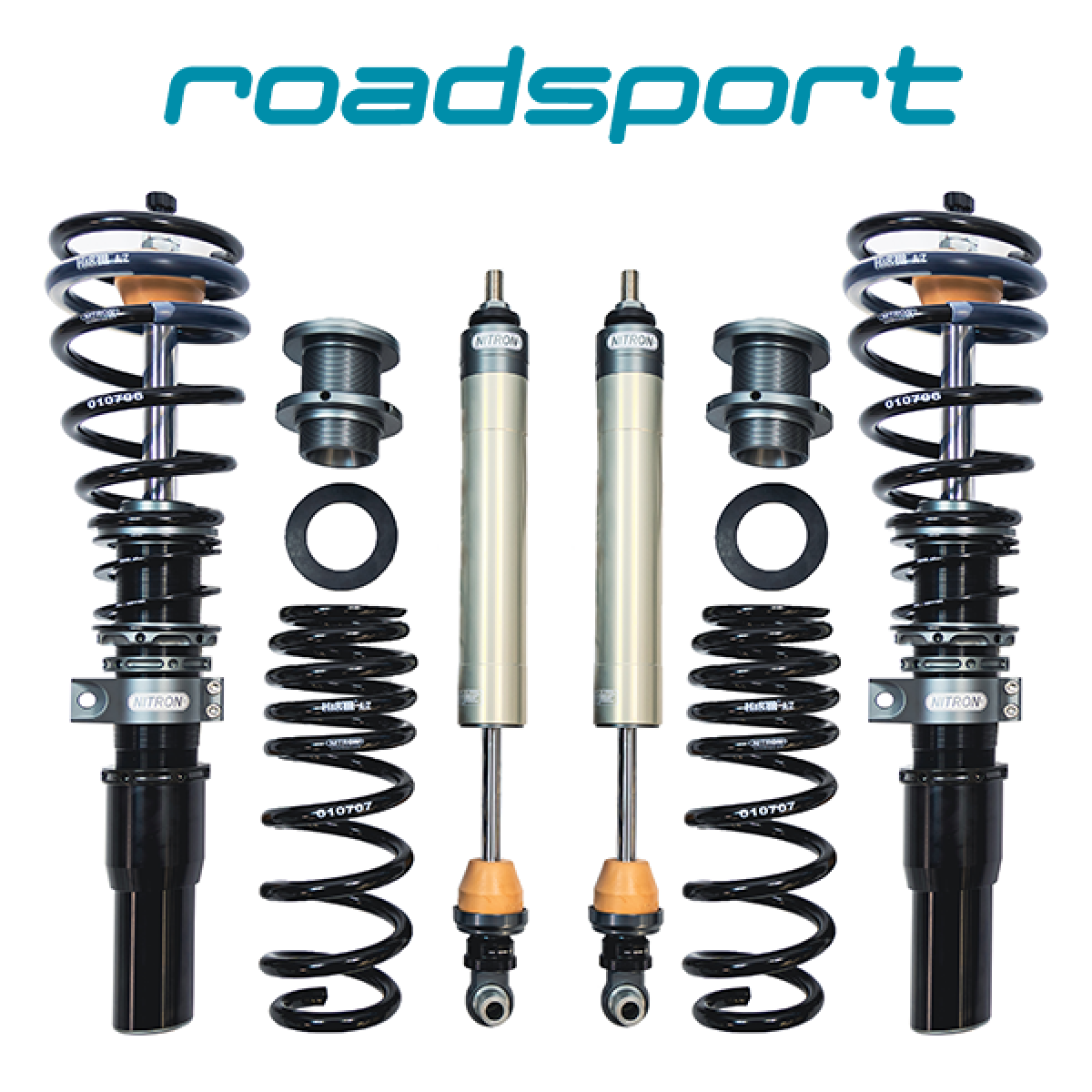 Nitron RoadSport dampers, black springs and rear spring adjusters; generic product illustration