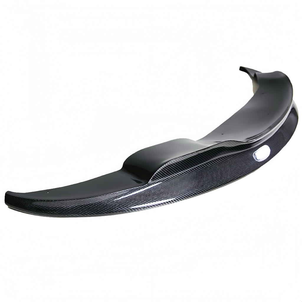 AlpineX Dynamics GTS Style Carbon Fiber Front Lip for BMW E9X M3 shown from the side, highlighting its glossy carbon fiber finish and extended aerodynamic profile.