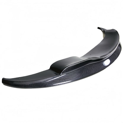AlpineX Dynamics GTS Style Carbon Fiber Front Lip for BMW E9X M3 shown from the side, highlighting its glossy carbon fiber finish and extended aerodynamic profile.
