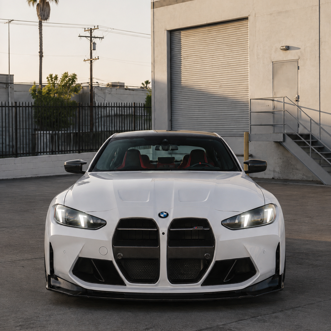AlpineX Dynamics MP Style Carbon Fiber Front Duct for BMW G8X M3 M4 featuring a glossy carbon fiber finish and enhanced front-end aerodynamic styling with an OEM-inspired performance design.