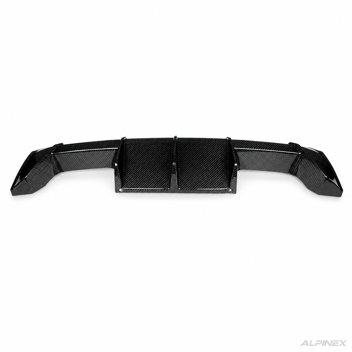 AlpineX Dynamics MP Style Carbon Fiber Rear Diffuser for BMW G8X M3 M4 featuring a glossy carbon fiber finish and aggressive rear aerodynamic styling.