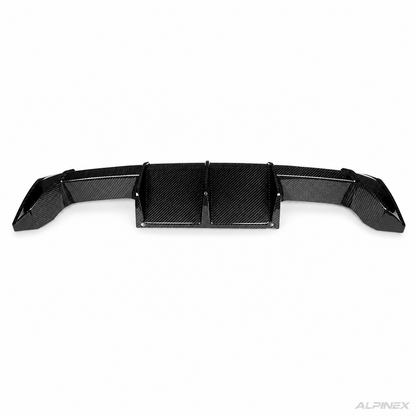 AlpineX Dynamics MP Style Carbon Fiber Rear Diffuser for BMW G8X M3 M4 featuring a glossy carbon fiber finish and aggressive rear aerodynamic styling.