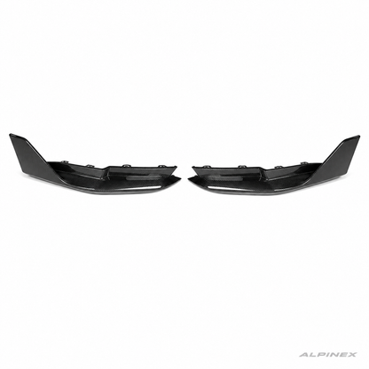 AlpineX Dynamics MP Style Carbon Fiber Rear Spats Winglets for BMW G8X M3 M4 featuring a glossy carbon fiber finish and aerodynamic rear bumper styling.
