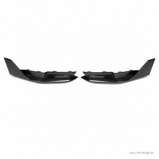 AlpineX Dynamics MP Style Carbon Fiber Rear Spats Winglets for BMW G8X M3 M4 featuring a glossy carbon fiber finish and aerodynamic rear bumper styling.