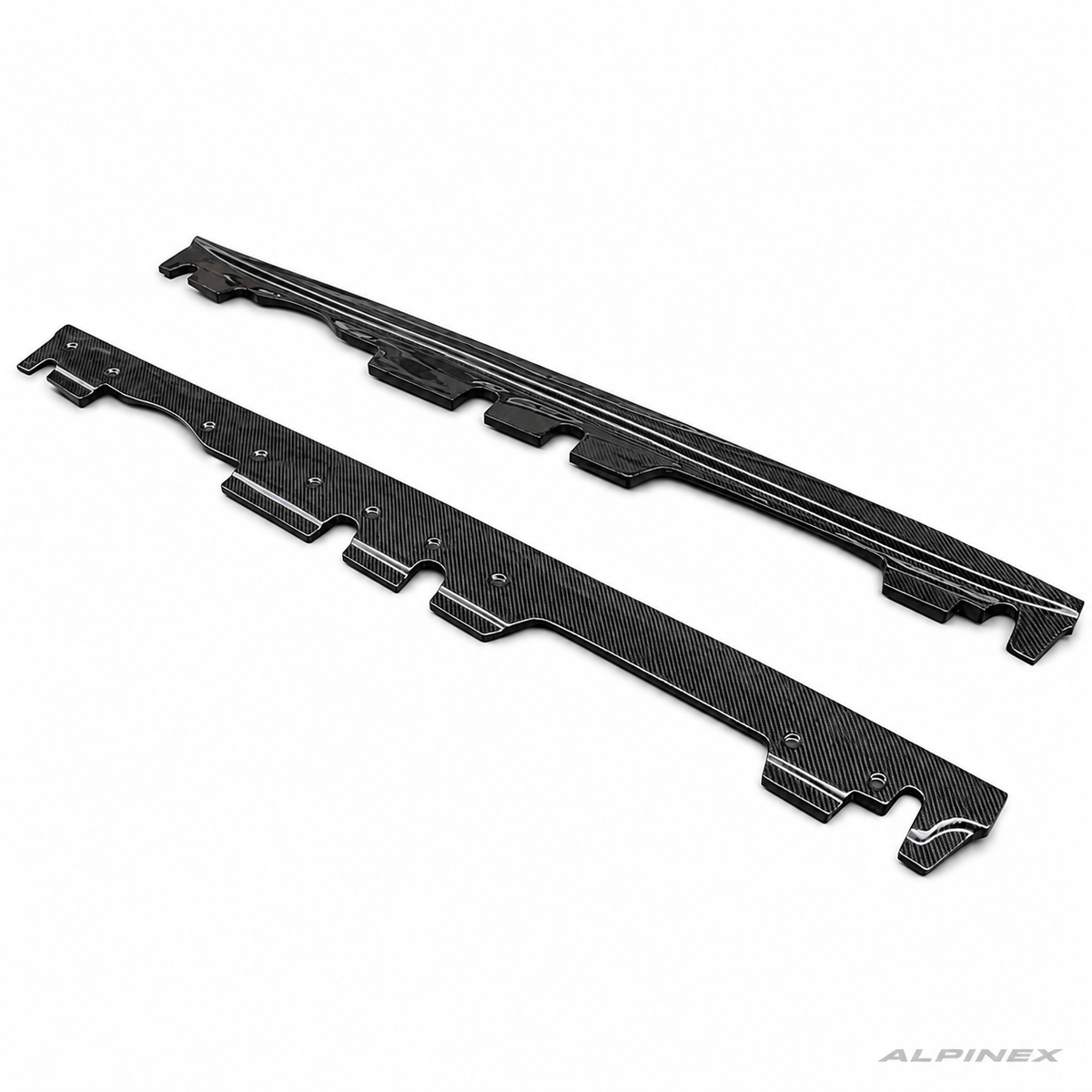 AlpineX Dynamics MP Style Carbon Fiber Side Skirt for BMW E9X M3 featuring a glossy carbon fiber finish and aerodynamic OEM+ styling.