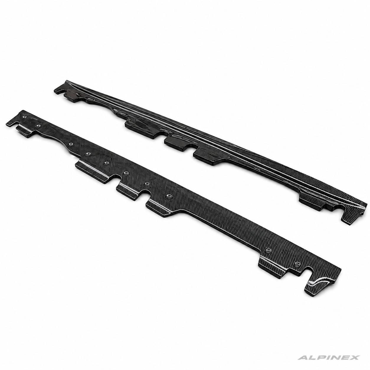 AlpineX Dynamics MP Style Carbon Fiber Side Skirt for BMW E9X M3 featuring a glossy carbon fiber finish and aerodynamic OEM+ styling.