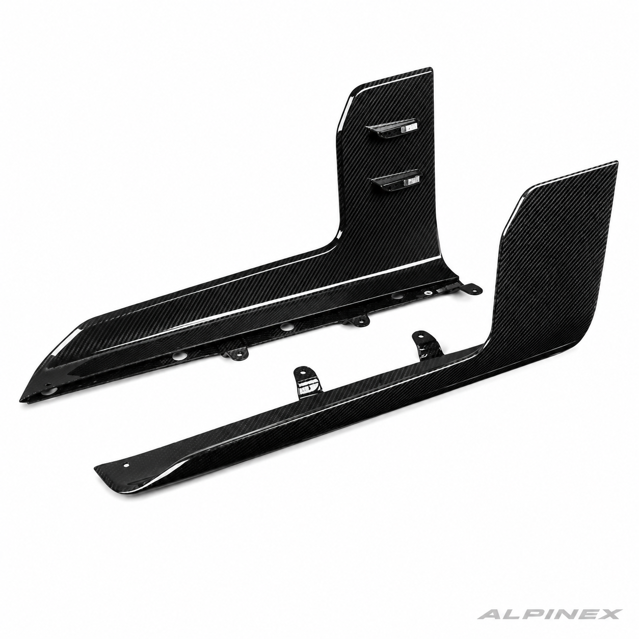 AlpineX Dynamics MP Style Carbon Fiber Side Skirt for BMW G87 M2 featuring a glossy carbon fiber finish and aggressive aerodynamic side styling.