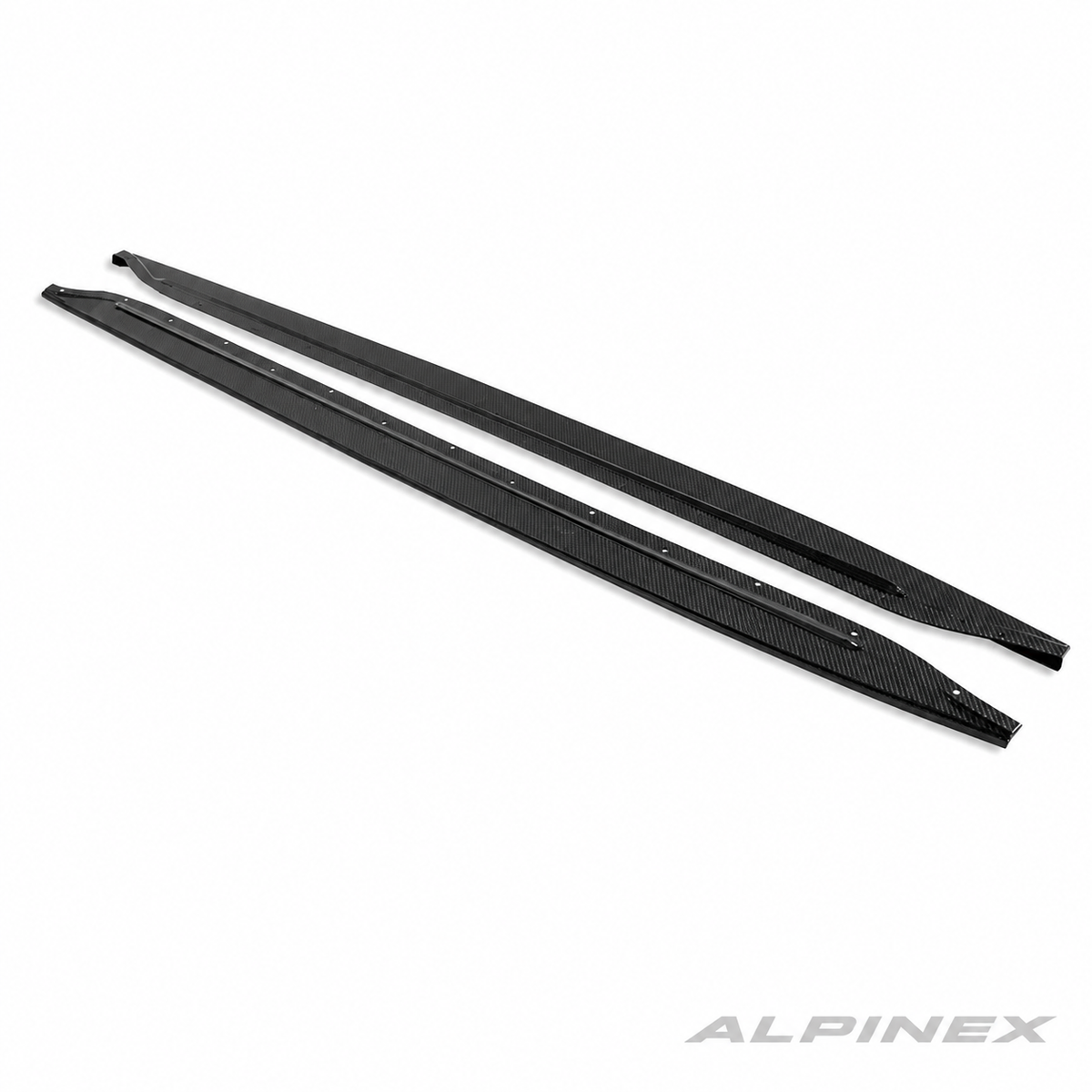 AlpineX Dynamics R44 Style Carbon Fiber Side Skirt for BMW G80 M3 featuring a glossy carbon fiber finish and aggressive side aerodynamic styling.