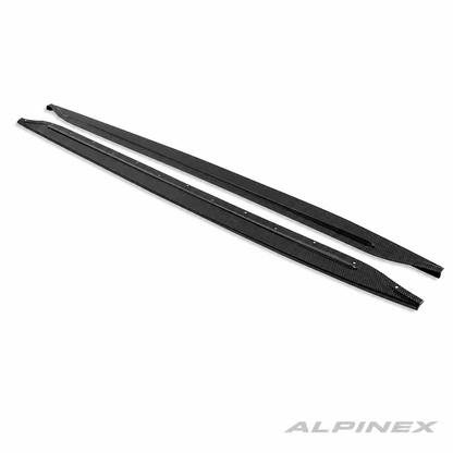 AlpineX Dynamics R44 Style Carbon Fiber Side Skirt for BMW G80 M3 featuring a glossy carbon fiber finish and aggressive side aerodynamic styling.