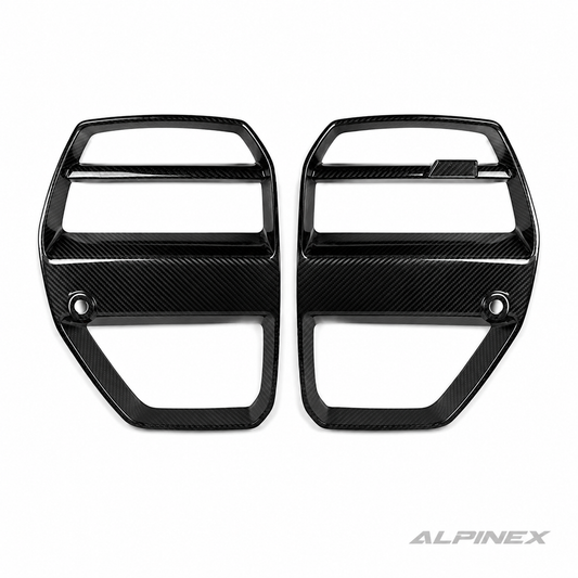AlpineX Dynamics V Style Carbon Fiber Grille for BMW G8X M3 M4 featuring a glossy carbon fiber finish and aggressive front end styling.