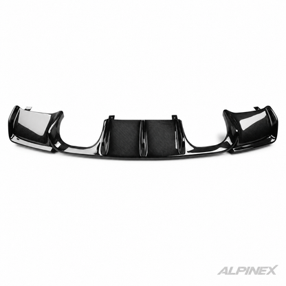 AlpineX Dynamics V Style Carbon Fiber Rear Diffuser for BMW E92 M3 featuring a glossy carbon fiber finish and aggressive aerodynamic rear styling.