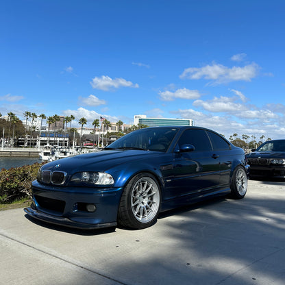 Blue BMW E46 M3 with Ridgeline Motorsport GT4 carbon fiber front lip