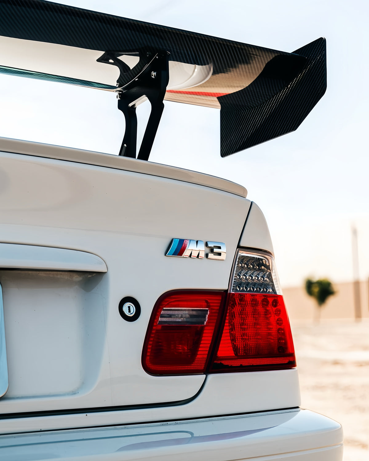 BMW E46 M3 with Ring Spec Wing V2 dry carbon wing and mount detail