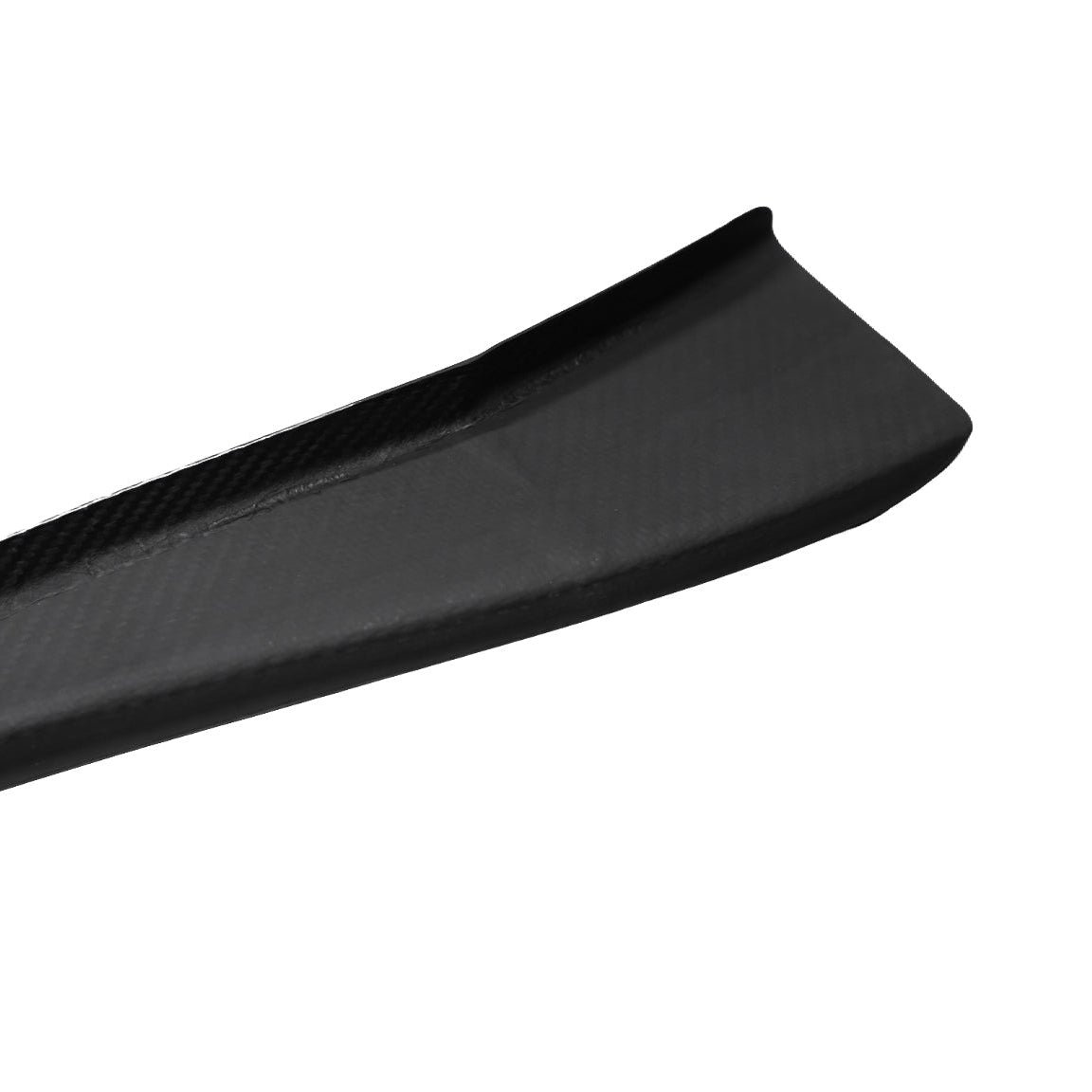 Angled close-up of an AlpineX Dynamics GT4 style carbon fiber canard for BMW E9X M3, showing the curved aerodynamic surface and raised outer edge against white