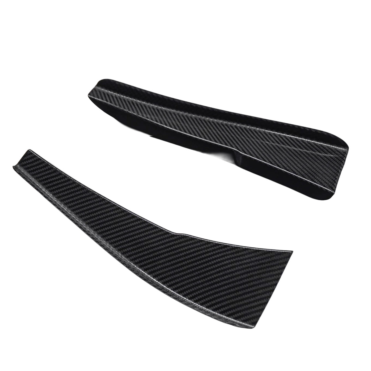 Pair of AlpineX Dynamics GT4 style carbon fiber canards for BMW E9X M3, showing the curved profiles and glossy woven surfaces on a white background