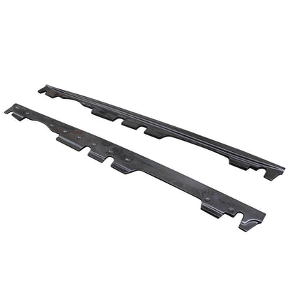 AlpineX Dynamics MP style carbon fiber side skirts for the BMW E9X M3, showing the upper profile and underside mounting holes on a white background