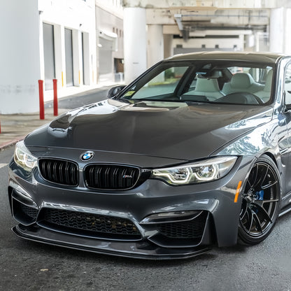 Gray BMW F82 M4 with GTS-style adjustable carbon fiber front splitter installed