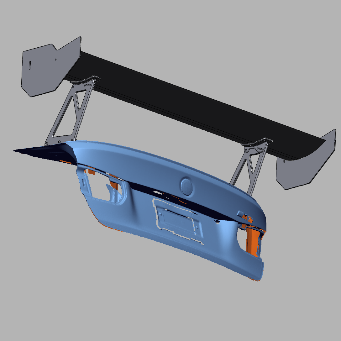 CAD rendering of the RM Engineering GT4+ 1600 mm rear wing and chassis-mounted support structure for the BMW F80 M3 and F82 M4