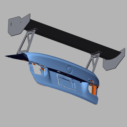 CAD rendering of the RM Engineering GT4+ 1600 mm rear wing and chassis-mounted support structure for the BMW F80 M3 and F82 M4