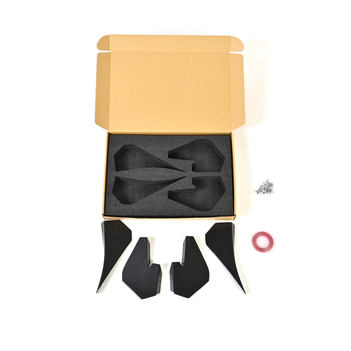 RM Engineering GT4+ four-piece carbon fiber canard kit with installation hardware and protective packaging for the BMW F80 M3, F82 M4 and F83 M4