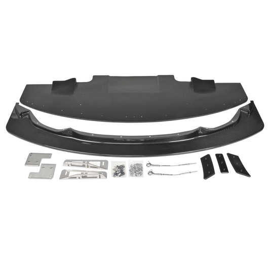 BMW F8X GT4+ front splitter kit with carbon lip, tunneled splitter, brackets, support rods and skid blocks
