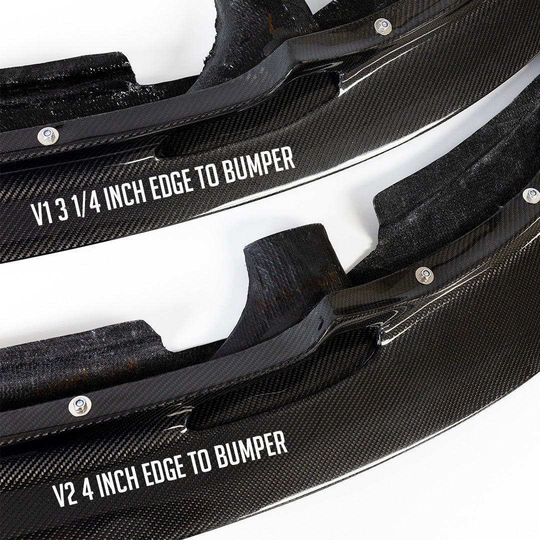 BMW F8X GT4 V1 and V2 carbon fiber front splitter length comparison