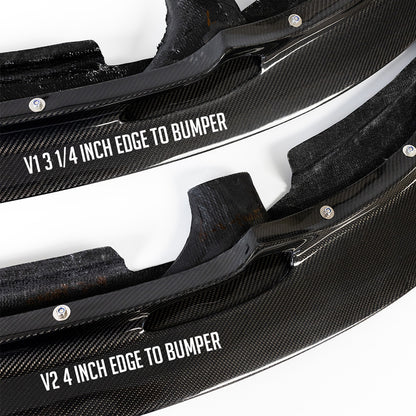 BMW F8X GT4 V1 and V2 carbon fiber front splitter length comparison