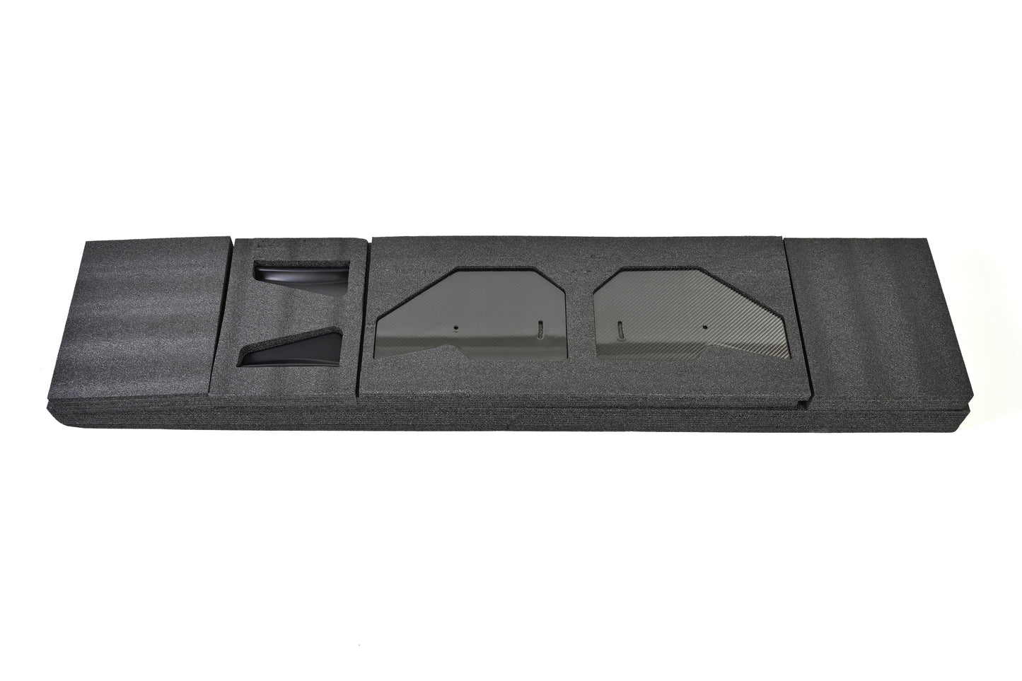 GT4+ rear wing carbon fiber endplates and vehicle-specific trunk mounting bases arranged in protective packaging