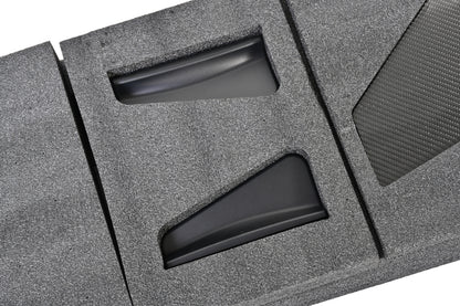 Close-up of the vehicle-specific trunk mounting bases for the BMW F8X GT4+ chassis-mounted rear wing