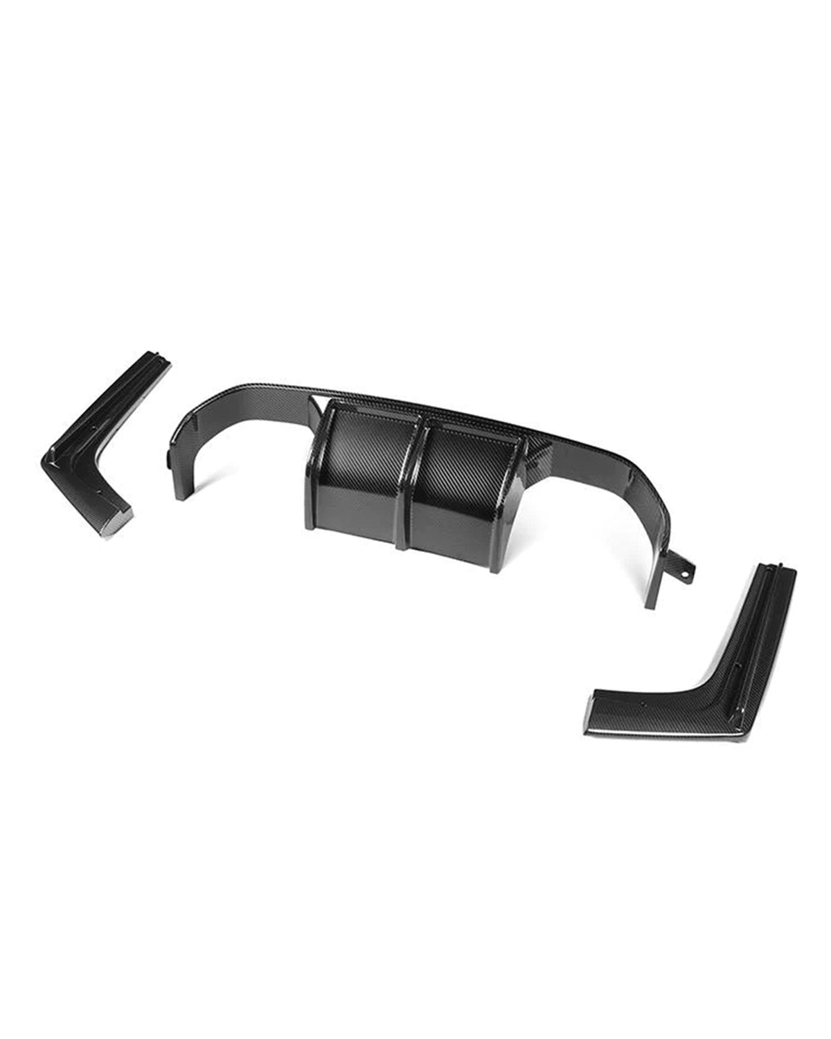 AlpineX Dynamics V style three-piece carbon fiber rear diffuser kit for BMW F8X M3/M4, showing the central finned diffuser and two side extensions from an angled view