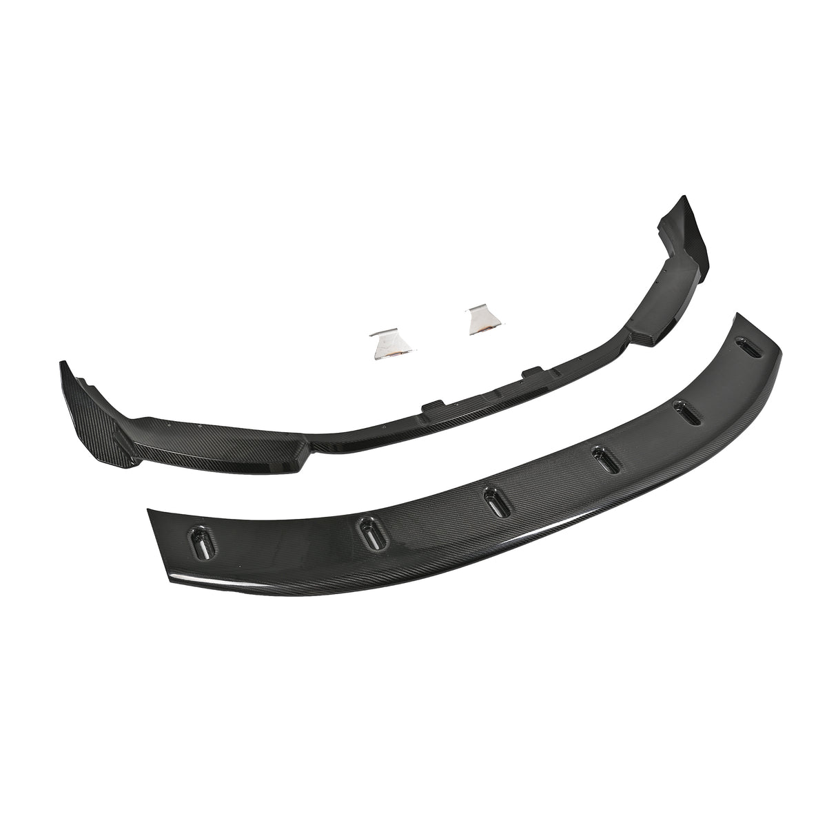 Complete BMW G87 M2 adjustable front splitter kit with pre-preg carbon fiber upper lip, integrated canards, adjustable lower splitter, chassis-mounting brackets and installation hardware