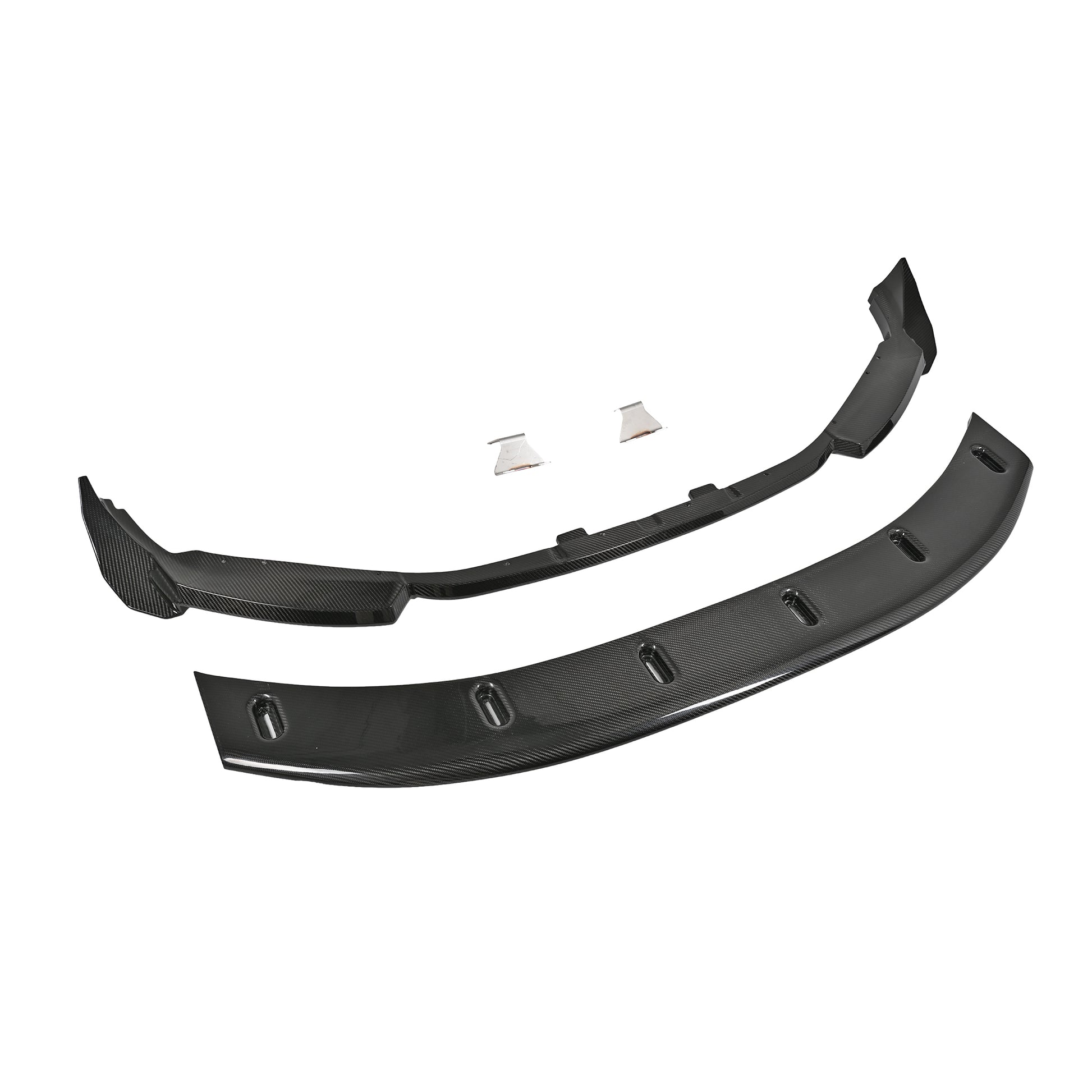 Complete BMW G87 M2 adjustable front splitter kit with pre-preg carbon fiber upper lip, integrated canards, adjustable lower splitter, chassis-mounting brackets and installation hardware