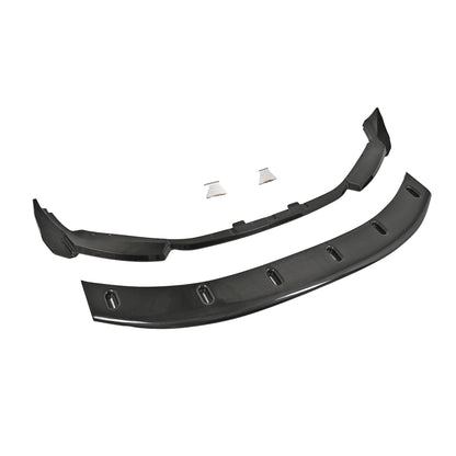 Complete BMW G87 M2 adjustable front splitter kit with pre-preg carbon fiber upper lip, integrated canards, adjustable lower splitter, chassis-mounting brackets and installation hardware