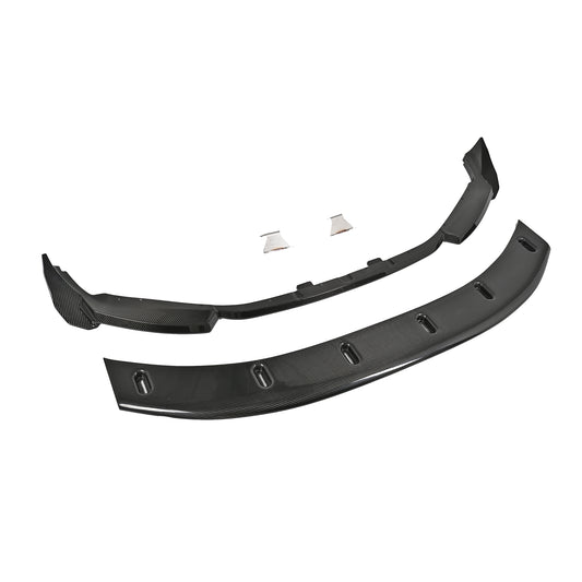 Complete BMW G87 M2 adjustable front splitter kit with pre-preg carbon fiber upper lip, integrated canards, adjustable lower splitter, chassis-mounting brackets and installation hardware