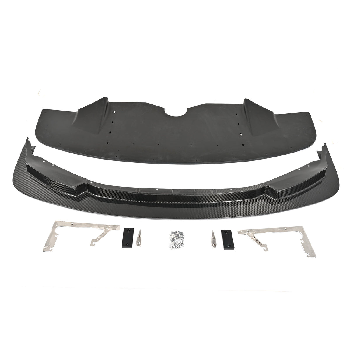 Complete BMW G87 M2 GT4+ front splitter kit with pre-preg carbon fiber front lip, tunneled splitter, chassis-mounting brackets, skid blocks and installation hardware