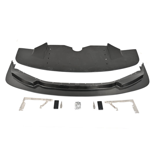 Complete BMW G87 M2 GT4+ front splitter kit with pre-preg carbon fiber front lip, tunneled splitter, chassis-mounting brackets, skid blocks and installation hardware