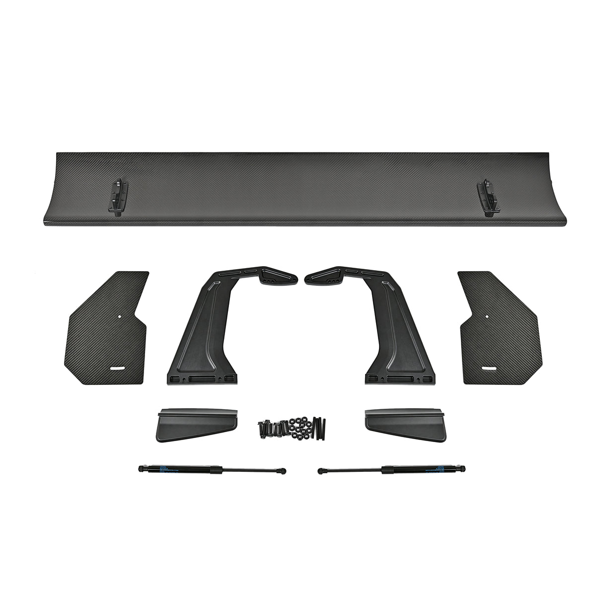 Complete BMW G87 M2 GT4+ rear wing kit with pre-preg carbon mainplane, carbon endplates, swan-neck uprights, trunk bases, shortened lift supports and installation hardware