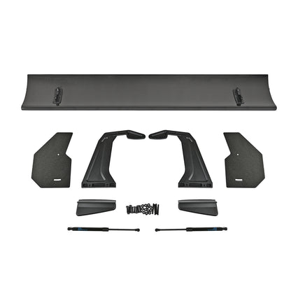 Complete BMW G87 M2 GT4+ rear wing kit with pre-preg carbon mainplane, carbon endplates, swan-neck uprights, trunk bases, shortened lift supports and installation hardware