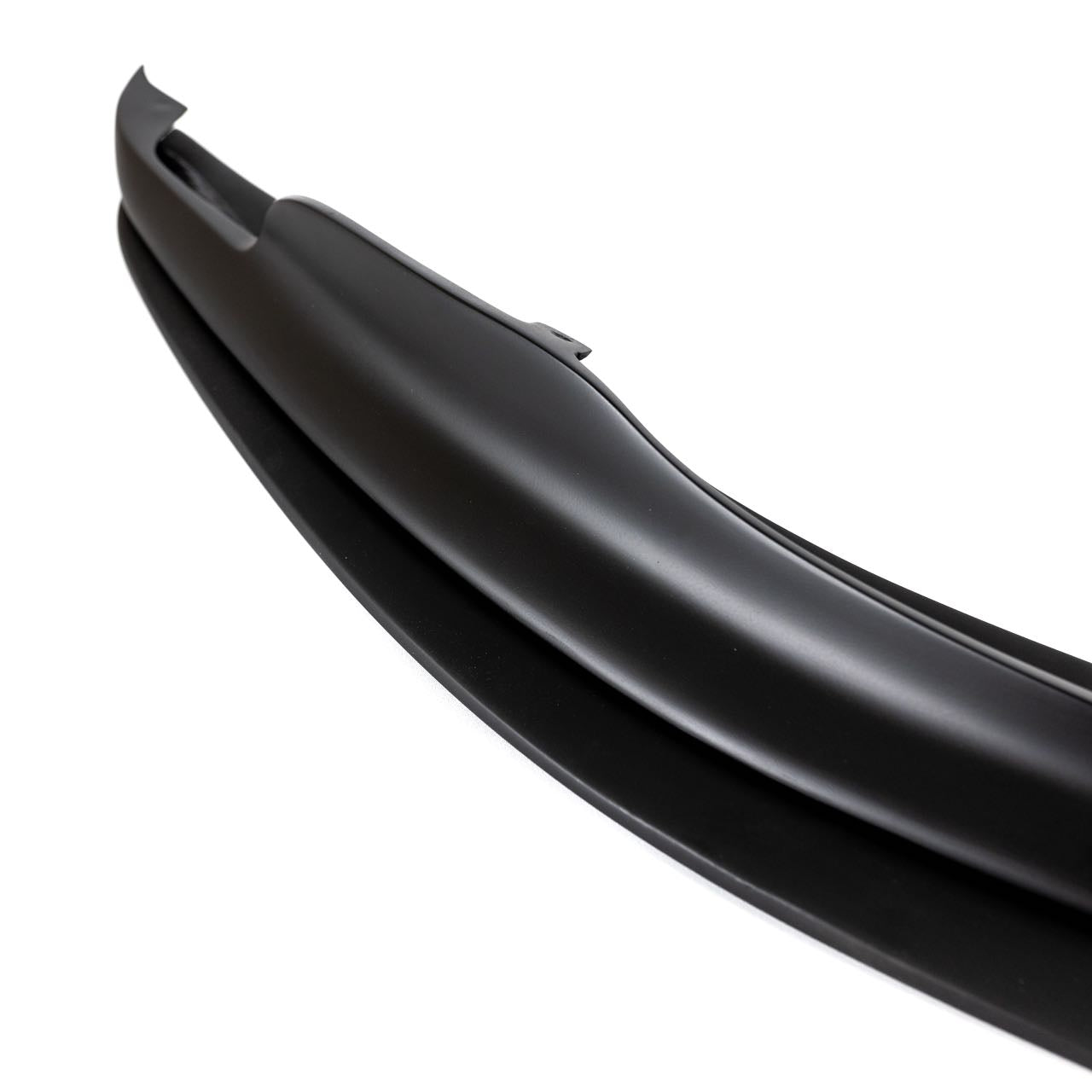 Satin black fiberglass E9X M3 GTS front splitter with inset upper and lower sections