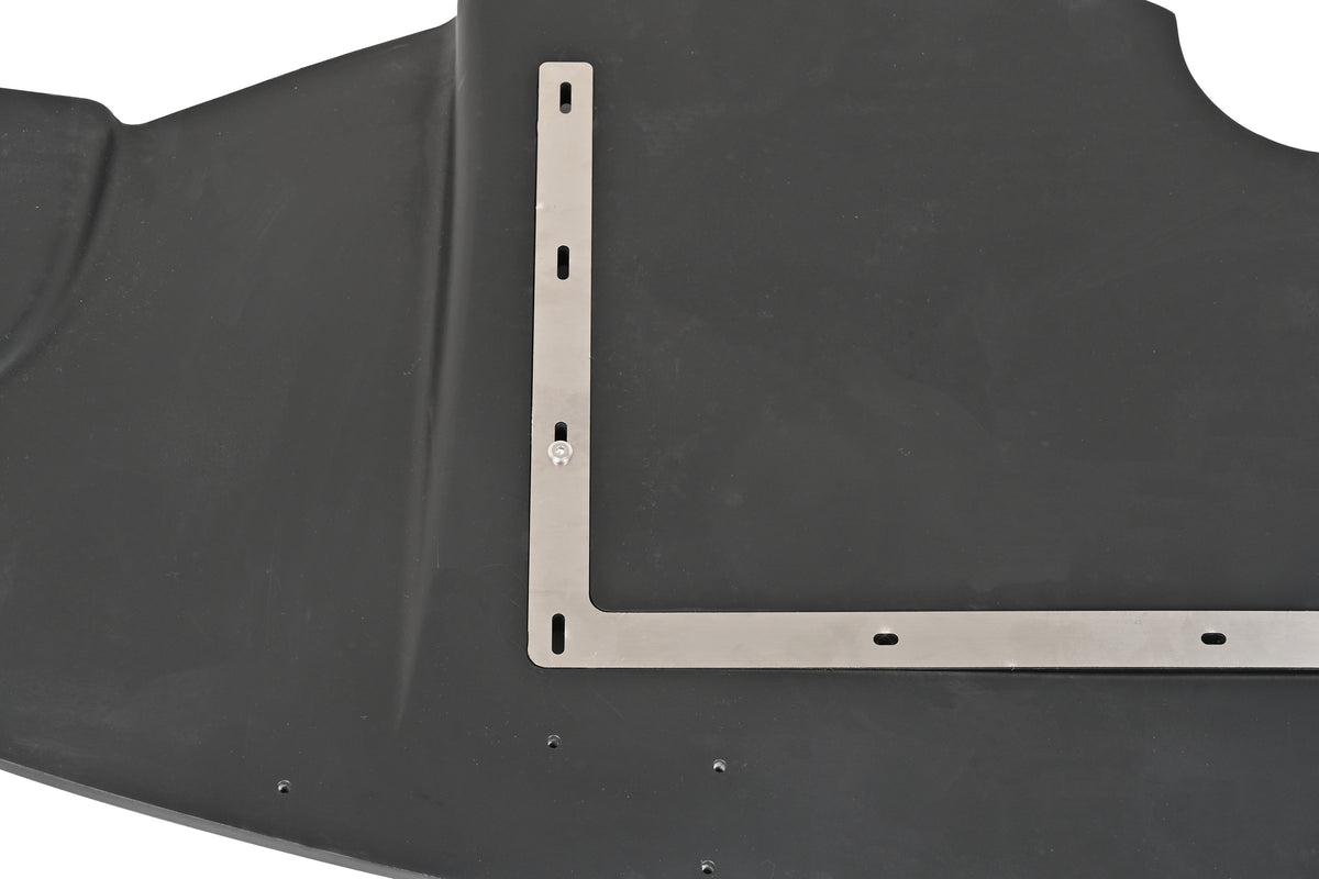 Underside of the G87 M2 GT4+ tunneled front splitter showing its aluminum support structure