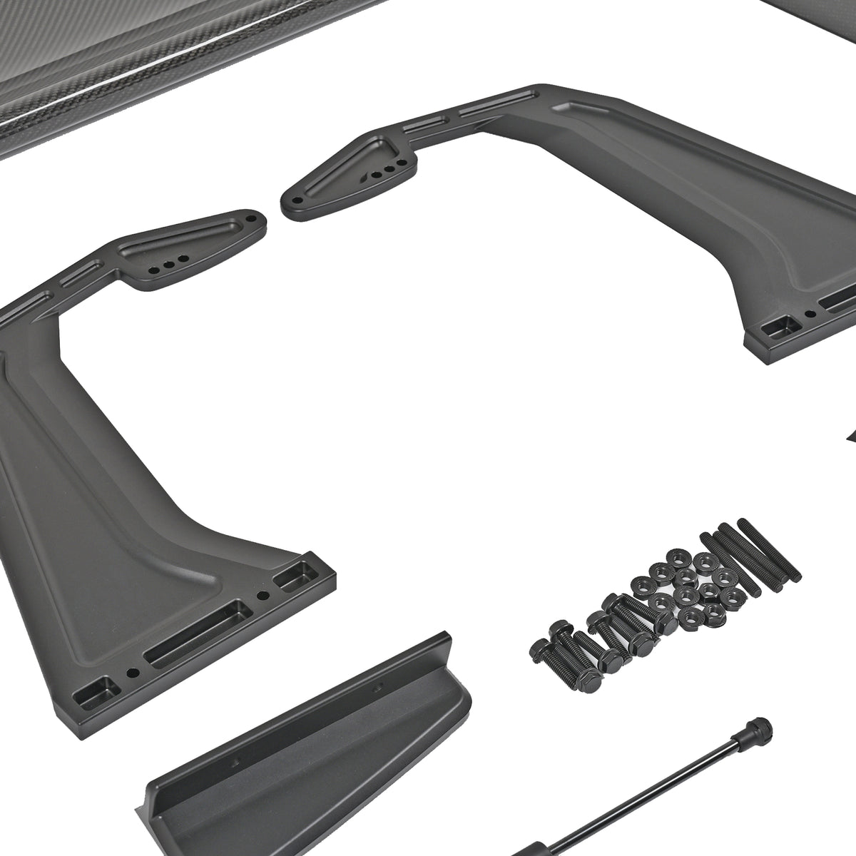 BMW G87 M2 GT4+ swan-neck uprights, trunk mounting bases, shortened lift support and installation hardware