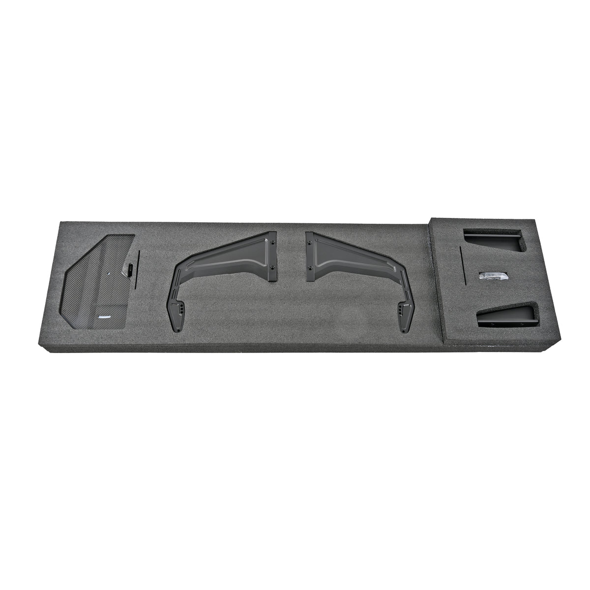 BMW G87 M2 GT4+ rear wing endplates, swan-neck uprights and trunk mounting components secured in protective packaging