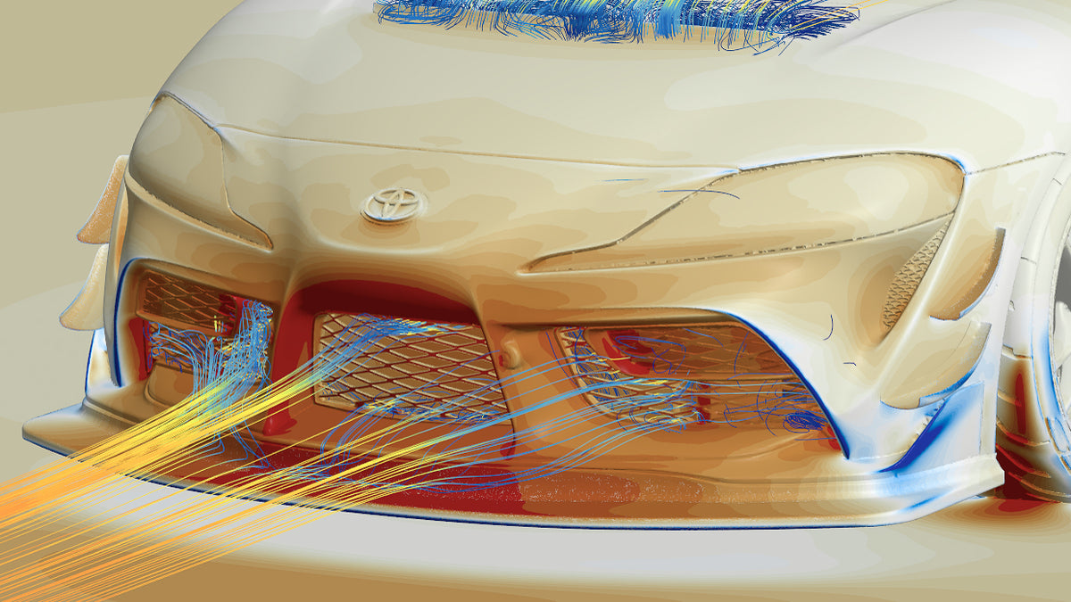 CFD airflow visualization of the Toyota A90/A91 Supra GT4+ front splitter and canards
