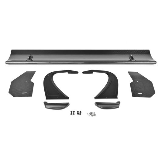 RM Engineering GT4+ carbon fiber rear wing kit with mainplane, swan-neck uprights, endplates, trunk mounting bases and hardware for the Toyota GR Supra A90 and A91