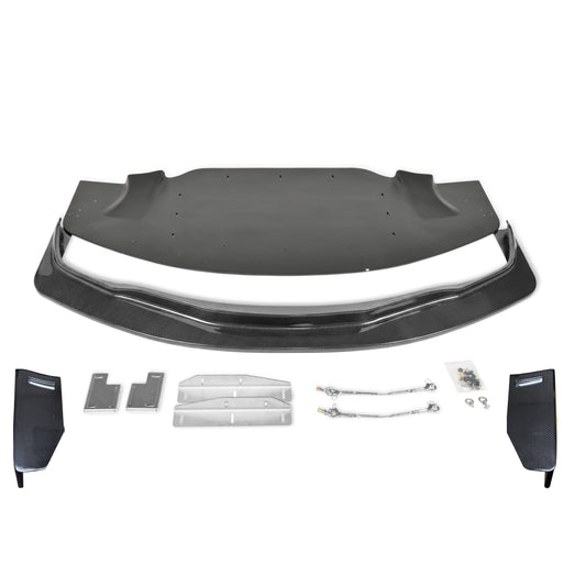 RM Engineering GT4+ EVO front splitter kit for the Toyota GR Supra A90/A91 with carbon front lip, tunneled splitter, chassis brackets, support rods, EVO endplates, skid blocks and installation hardware
