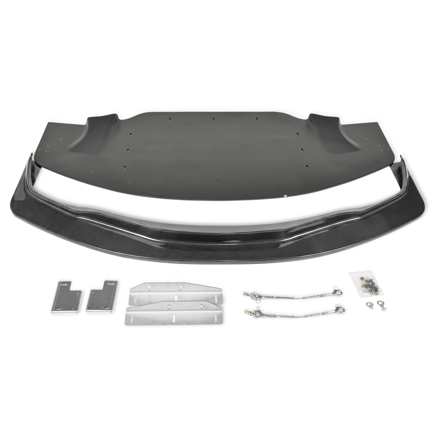 RM Engineering GT4+ Base front splitter kit for the Toyota GR Supra A90/A91 with carbon front lip, tunneled splitter, chassis brackets, support rods, skid blocks and installation hardware