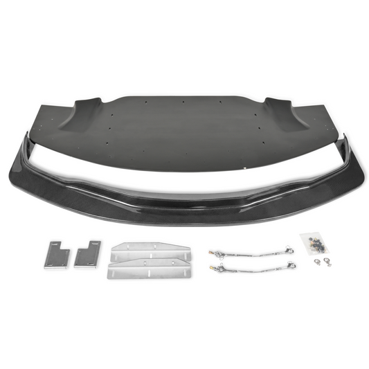 RM Engineering GT4+ Base front splitter kit for the Toyota GR Supra A90/A91 with carbon front lip, tunneled splitter, chassis brackets, support rods, skid blocks and installation hardware