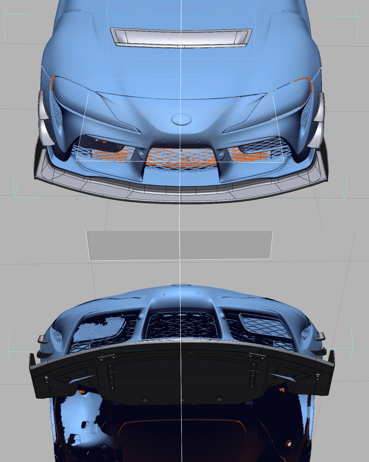 CAD views of the RM Engineering GT4+ front splitter for the Toyota GR Supra A90, showing the front profile and underside mounting layout